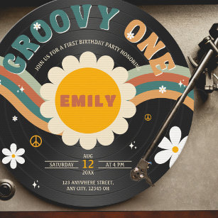 Invitación Groovy One Retro Vinyl Chica 1er cumpleaños