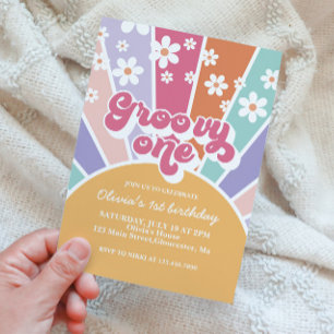 Invitación Groovy One Sunshine Rainbow Daisy