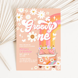 Invitación Groovy One Van Peach Daisy Rainbow Primer cumpleañ