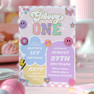 Invitación Groovy One Varsity Patch Letter 1er cumpleaños Fie