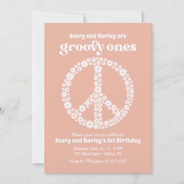 Invitación Groovy Ones 70s Daisy Rosado Primer Fiesta de cump (Anverso)