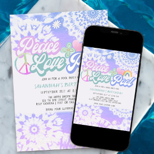 Invitación Groovy Pastel Tie Dye Paz Amor Fiesta de Piscina