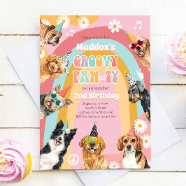 Invitación Groovy Pawty Retro Daisy Hippie Dog Chica Cumpleañ
