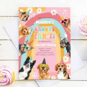 Invitación Groovy Pawty Retro Daisy Hippie Dog Chica Cumpleañ