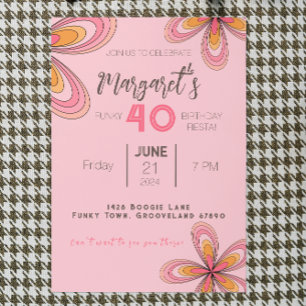 Invitación Groovy Pink 40 Fiesta de cumpleaños 70 Flor hippie