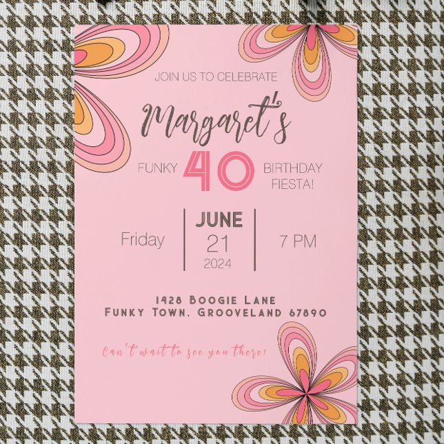 Invitación Groovy Pink 40 Fiesta de cumpleaños 70 Flor hippie (Subido por el creador)