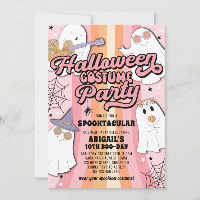 Invitación Groovy Pink Halloween Chica Costume fiesta de cump (Anverso)