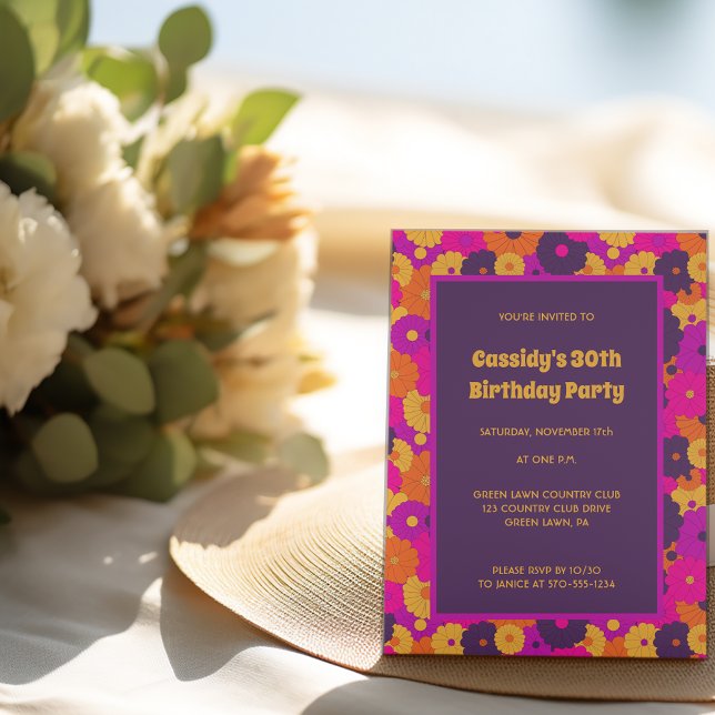 Invitación Groovy poder de flores hippie morado y rosa (Subido por el creador)