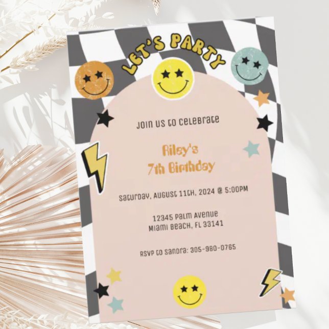 Invitación Groovy Preppy Y2K Happy Face Retro Cumpleaños (Subido por el creador)