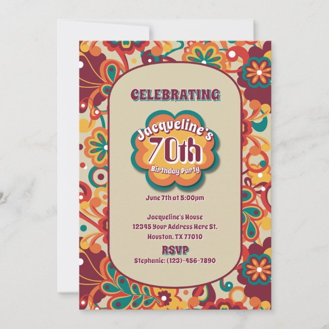 Invitación Groovy Psychedelic años 60 s Cumpleaños Floral (Anverso)