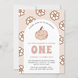 Invitación Groovy Pumpkin Daisies Retro Boho Primer cumpleaño
