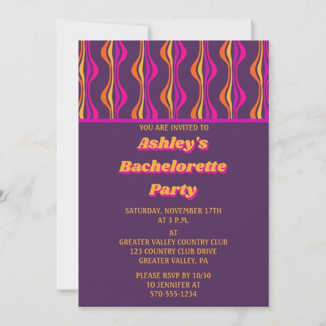 Invitación Groovy Purple Disco Bachelorette (Anverso)