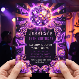 Invitación Groovy Purple Disco Pumpkin Sweet 16