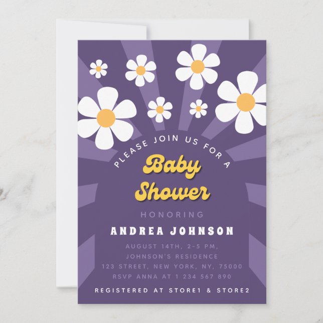 Invitación Groovy Purple Retro Hippie Daisy Baby Shower de lo (Anverso)