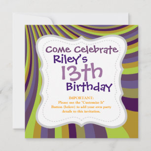 Invitación Groovy, púrpura y verde, rayas de deslizamiento de
