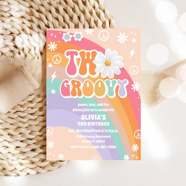 Invitación Groovy Rainbow 2nd Birthday Invitation (Subido por el creador)