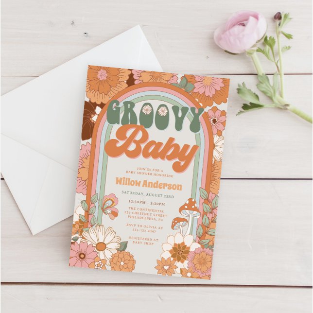 Invitación Groovy Rainbow Baby Shower invita a los 70 (Subido por el creador)