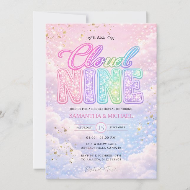 Invitación Groovy Rainbow Cloud Nine Glitter Gender Reveal  (Anverso)