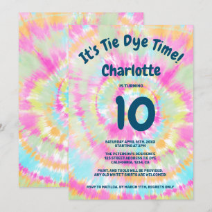 Invitación Groovy rainbow tie dye 10 fiesta de cumpleaños par