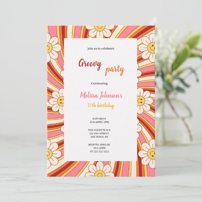 Invitación groovy red,orange,pink,yellow birthday with flower (Anverso de pie)