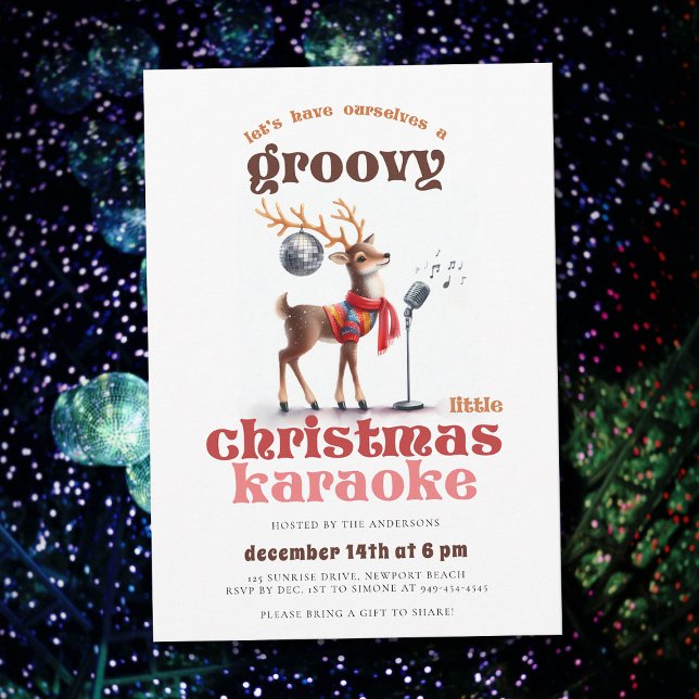 Invitación Groovy Reindeer Karaoke Funny Navidades Fiesta (groovy little christmas karaoke party hippie disco reindeer 70s nostalgia retro vintage invitation)