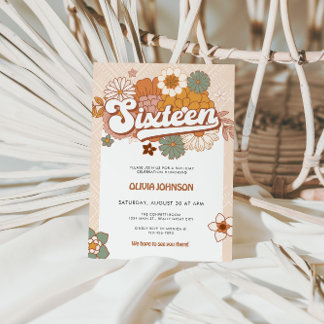 Invitación Groovy Retro 16ª fiesta de cumpleaños