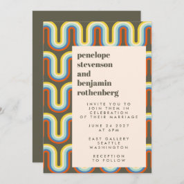 Invitación Groovy Retro 60 Boda verde de línea de arte olivo 