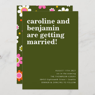 Invitación Groovy Retro 60 florece Boda de Boho verde oscuro