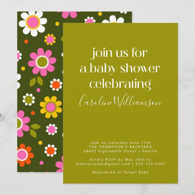 Invitación Groovy Retro 60 Flores Baby Shower verde rosa (Anverso / Reverso)