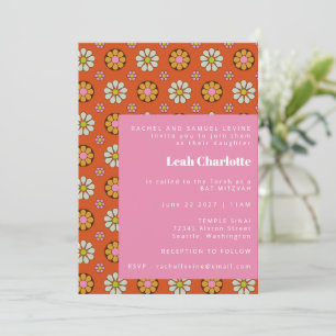 Invitación Groovy Retro 60 Flores Naranja Bat Rosa Mitzvah