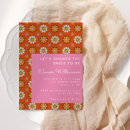 Invitación Groovy Retro 60 Flores Naranja ducha de novia rosa