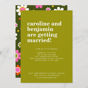 Invitación Groovy Retro 60 Flores Pink Green Bold Boda