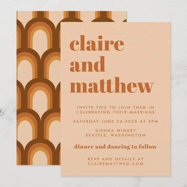 Invitación Groovy Retro 70 Diseño Boda Geométrico Marrón (Anverso / Reverso)
