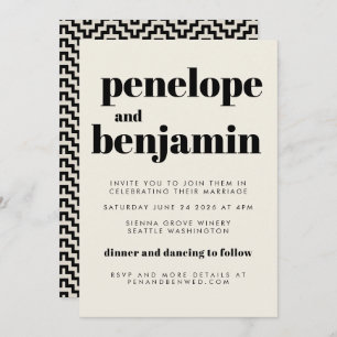 Invitación Groovy Retro 70 Diseño Boda todo en uno negro