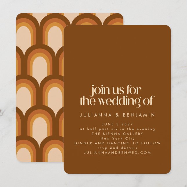 Invitación Groovy Retro 70 Diseño Brown Boda único de diversi (Anverso / Reverso)