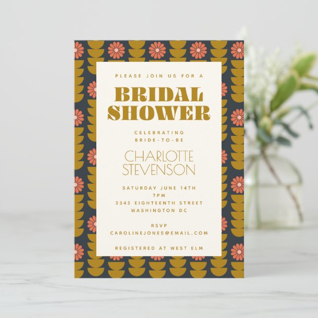 Invitación Groovy Retro 70 Floral Gold Bridal Shower (Anverso de pie)