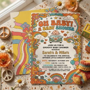 Invitación Groovy Retro 70s Hippie Daisy Bus Baby Shower