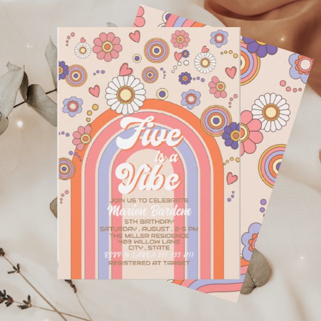 Invitación Groovy retro acuarela cinco es un bebé de vibració (Subido por el creador)