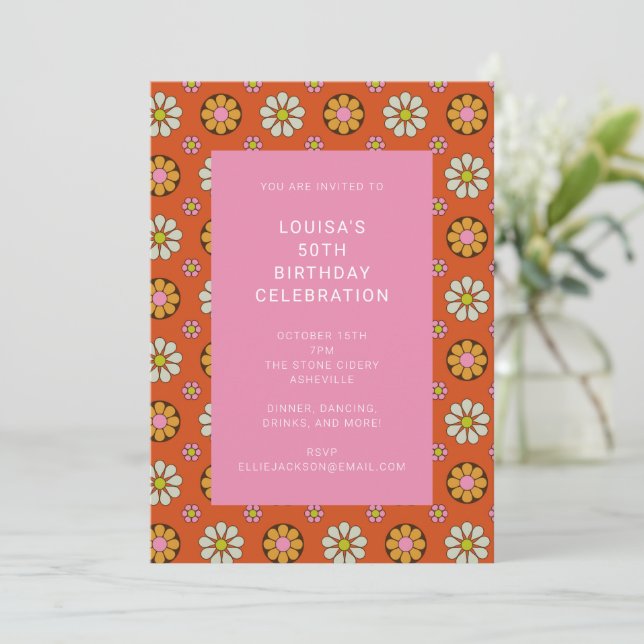 Invitación Groovy Retro años 60 Fiesta de Cumpleaños Flor Nar (Anverso de pie)