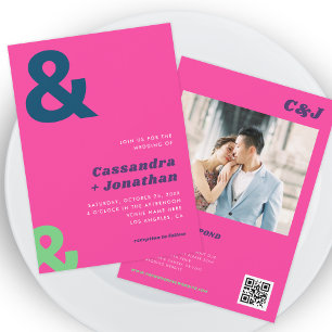 Invitación Groovy Retro Boda de código QR y Ampersor rosa cal