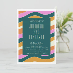 Invitación Groovy Retro Boda de líneas rosadas y onduladas ve