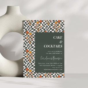 Invitación Groovy Retro Boho Checkerboard 40 Fiesta de cumple