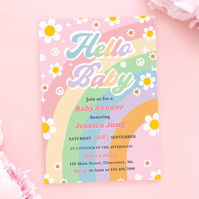 Invitación Groovy Retro Boho Daisy Hola Fiesta de Baby Shower (Subido por el creador)
