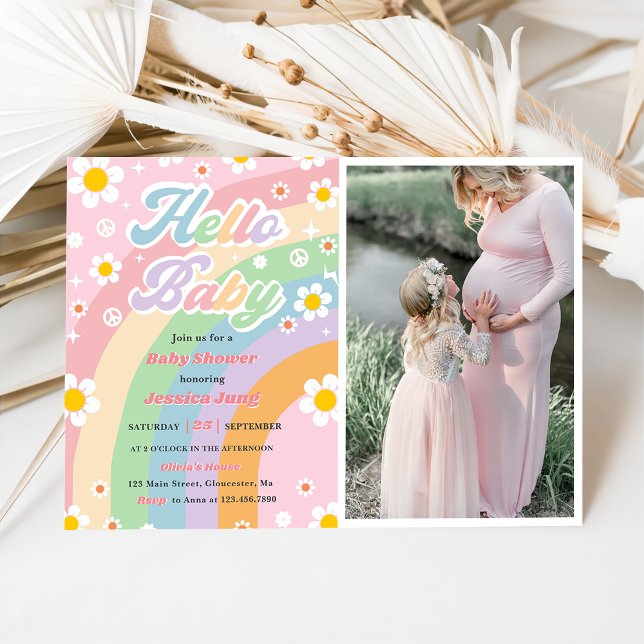 Invitación Groovy Retro Boho Daisy Hola Fiesta de Baby Shower (Subido por el creador)