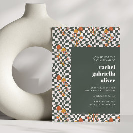 Invitación Groovy Retro Boho Green Checkerboard Bat Mitzvah