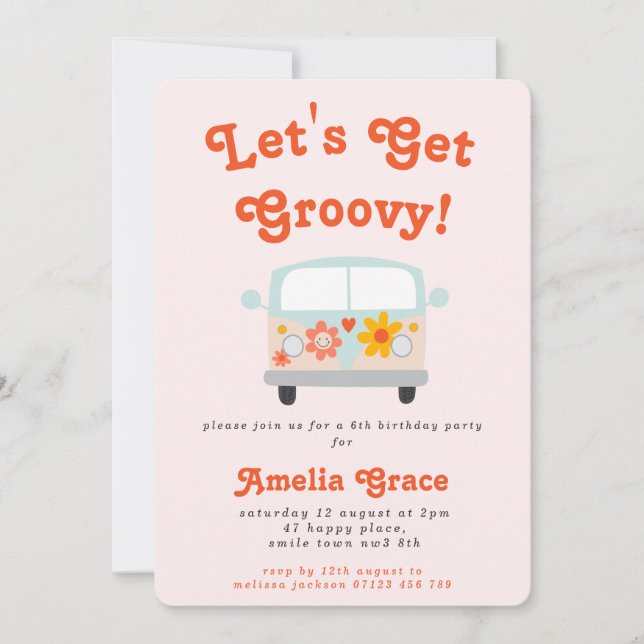Invitación Groovy Retro Camper Van Any Age Chicas Cumpleaños (Anverso)