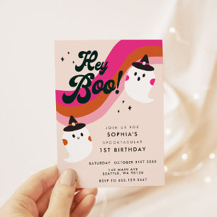 Invitación Groovy Retro Cute Ghost Hey Boo Primer Cumpleaños