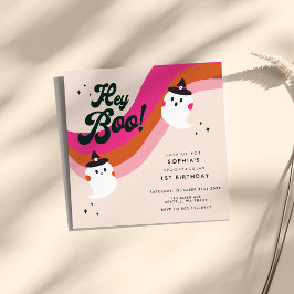 Invitación Groovy Retro Cute Ghost Hey Boo Primer Cumpleaños