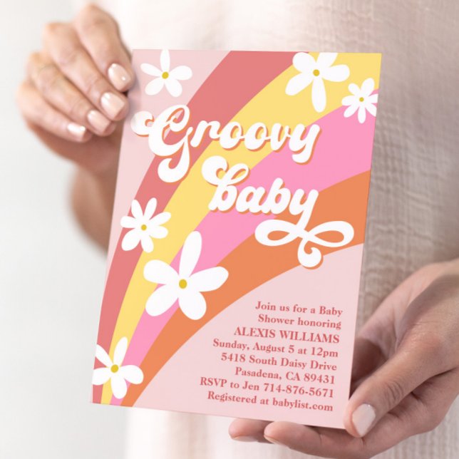 Invitación Groovy Retro Daisies Rainbow Baby Shower (Subido por el creador)