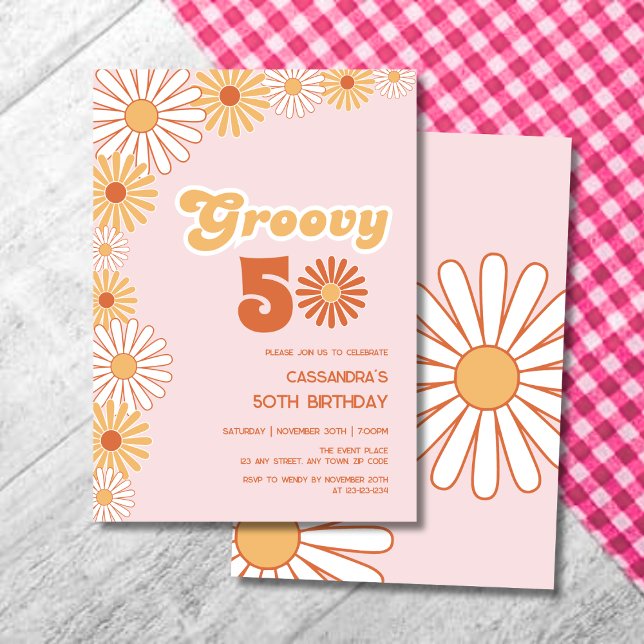 Invitación Groovy Retro Daisy Boho Orange Pink Birthday (Subido por el creador)